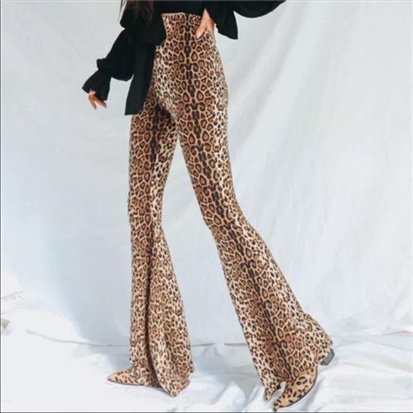 1 Left!  Leopard Printed Bell Bottom Pants - Picture 2 of 8